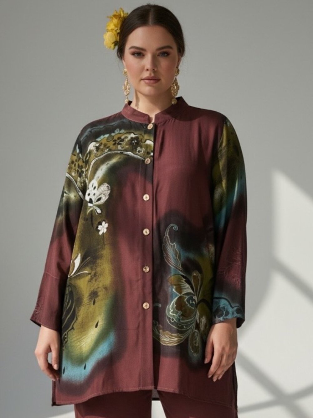 Citron Santa Monica Tunic 1X Butterfly Floral Airbrush Boho Silk Burgundy Blouse